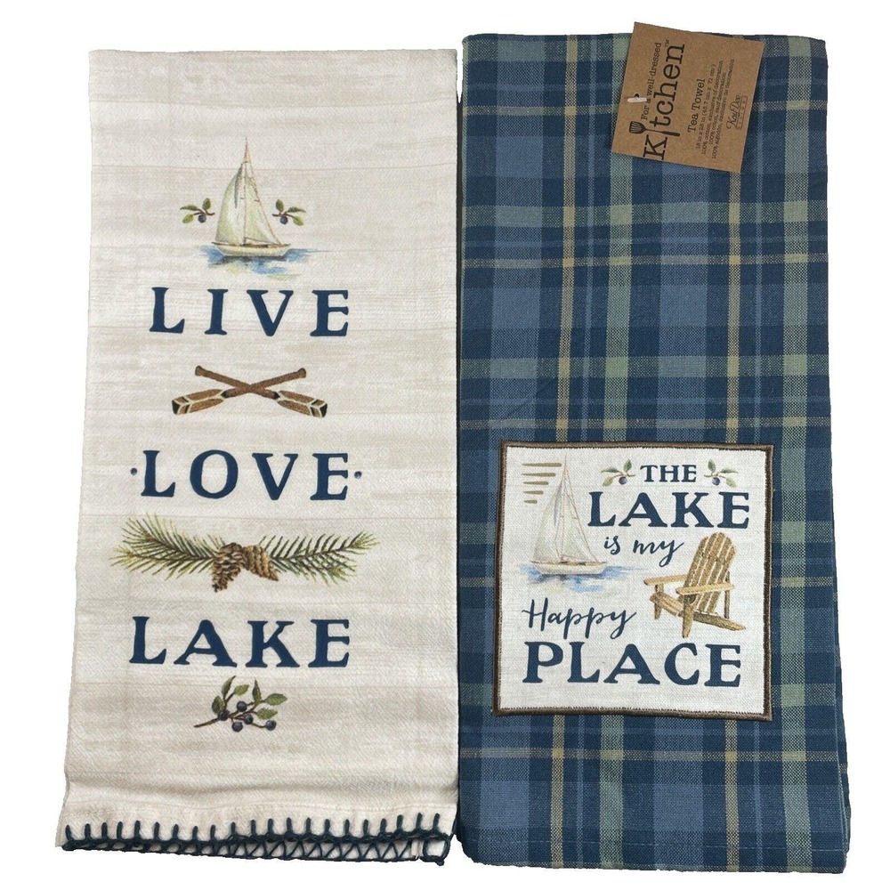 Kay Dee Designs Lake Camp Tea Towel Bundle Live Love Lake Happy Place Blue Plaid